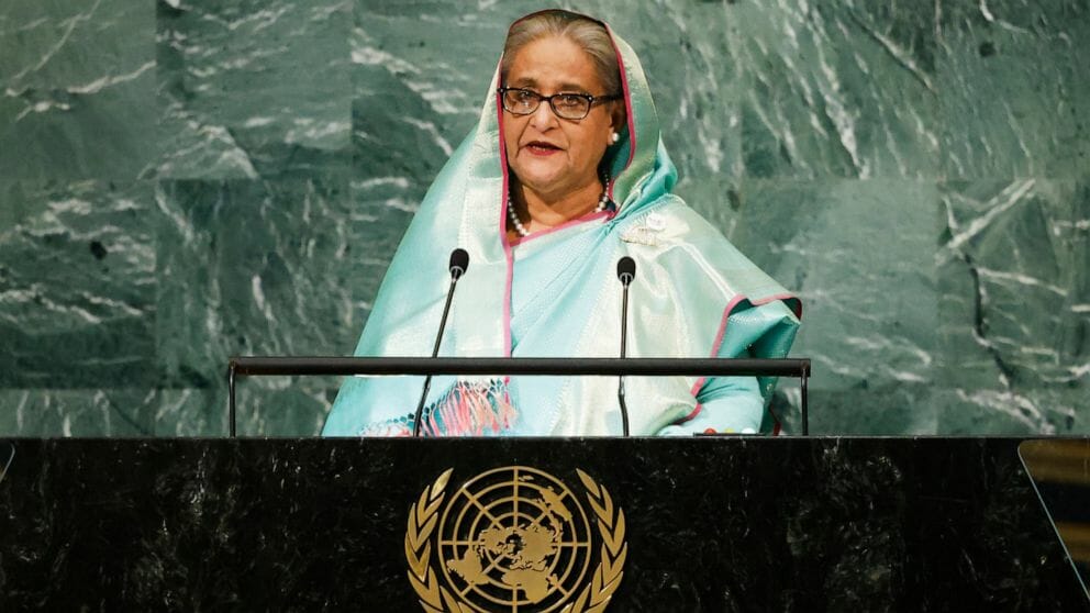 FILE - Prime Minister of Bangladesh Sheikh Hasina addresses the 77th session of the United Nations General Assembly at U.N. headquarters on Sept. 23, 2022. Tens of thousands of opposition supporters rallied in Bangladesh’s capital on Saturday, Dec. 10, to demand the Hasina government resign and install a caretaker before next general elections expected to be held in early 2024.