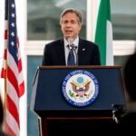 U.S Secretary of State Antony Blinken speaks to the staff at the U.S. Embassy in Abuja, Nigeria November 19, 2021. Andrew Harnik/Pool via REUTERS