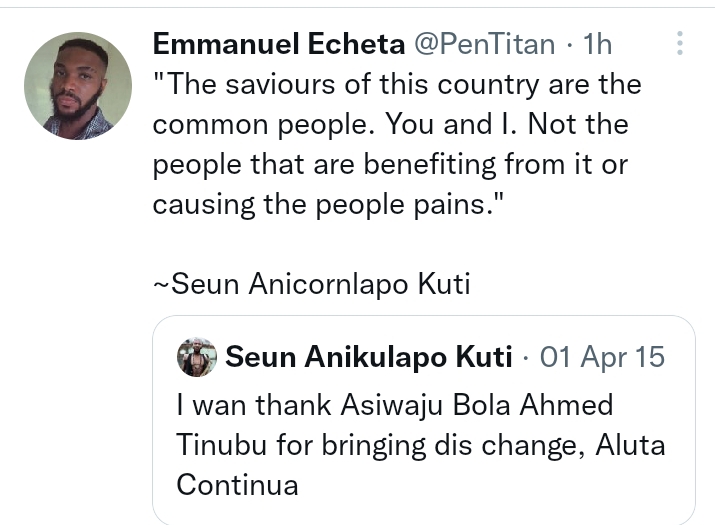 Netizens Drags Seun Kuti Over His Old tweets supporting Buhari & Tinubu