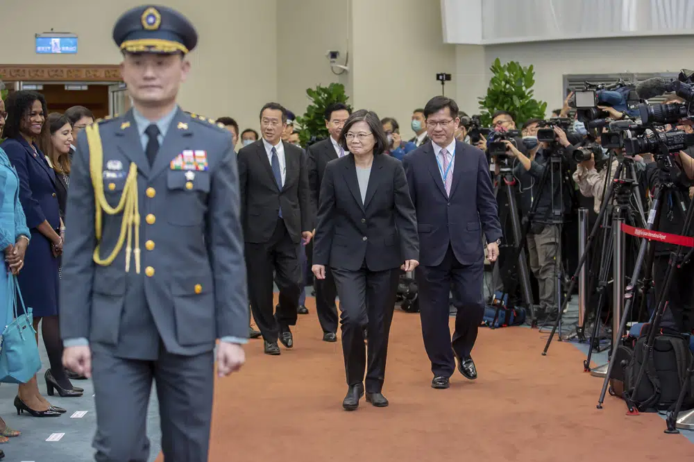 In this photo released by the Taiwan Presidential Office, Taiwan's President Tsai Ing-wen arrives as she prepares to depart on an overseas trip at Taoyuan International Airport in Taipei, Taiwan, Wednesday, March 29, 2023. China has threatened "resolute countermeasures" over a planned meeting between Taiwanese President Tsai Ing-wen and Speaker of the United States House Speaker Kevin McCarthy during an upcoming visit in Los Angeles by the head of the self-governing island democracy. (Taiwan Presidential Office via AP)