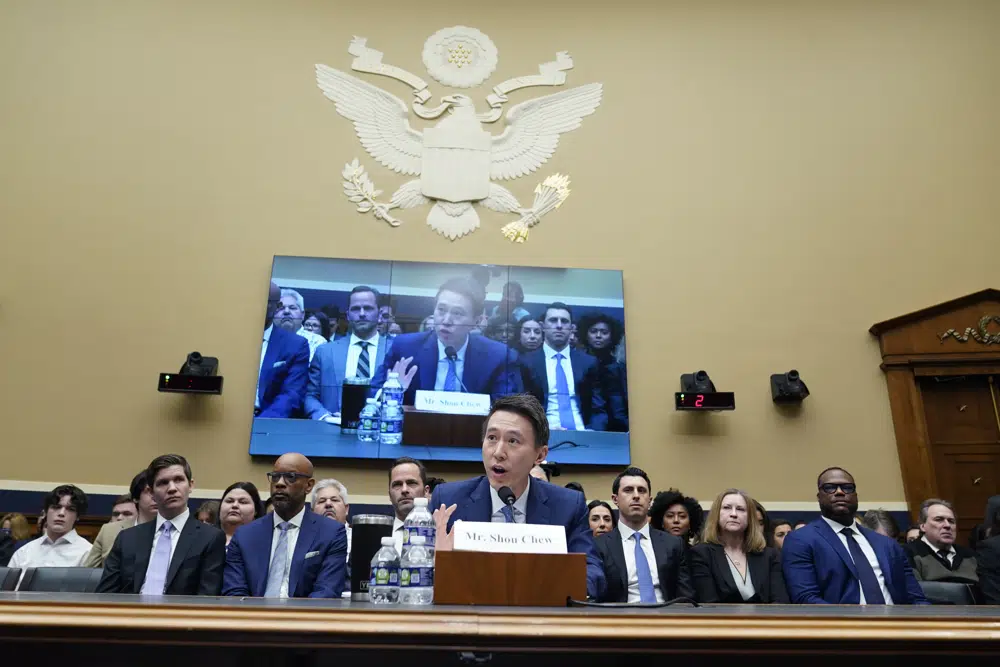 TikTok CEO Shou Zi Chew testifies during a hearing of the House Energy and Commerce Committee, on the platform's consumer privacy and data security practices and impact on children, Thursday, March 23, 2023, on Capitol Hill in Washington. (AP Photo/Alex Brandon)