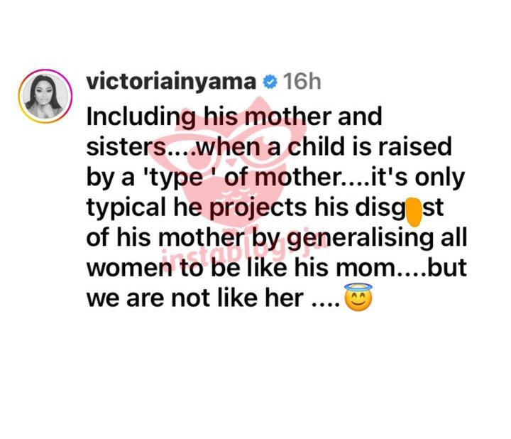 Victoria Inyama's comment Via Instagram 