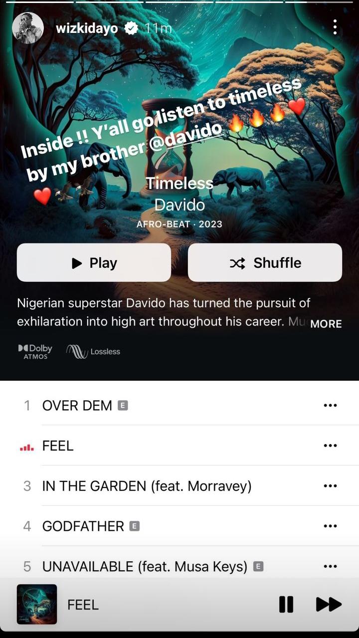 Timeless: Wizkid shares Davido's new album on social media, tells fans to stream it 