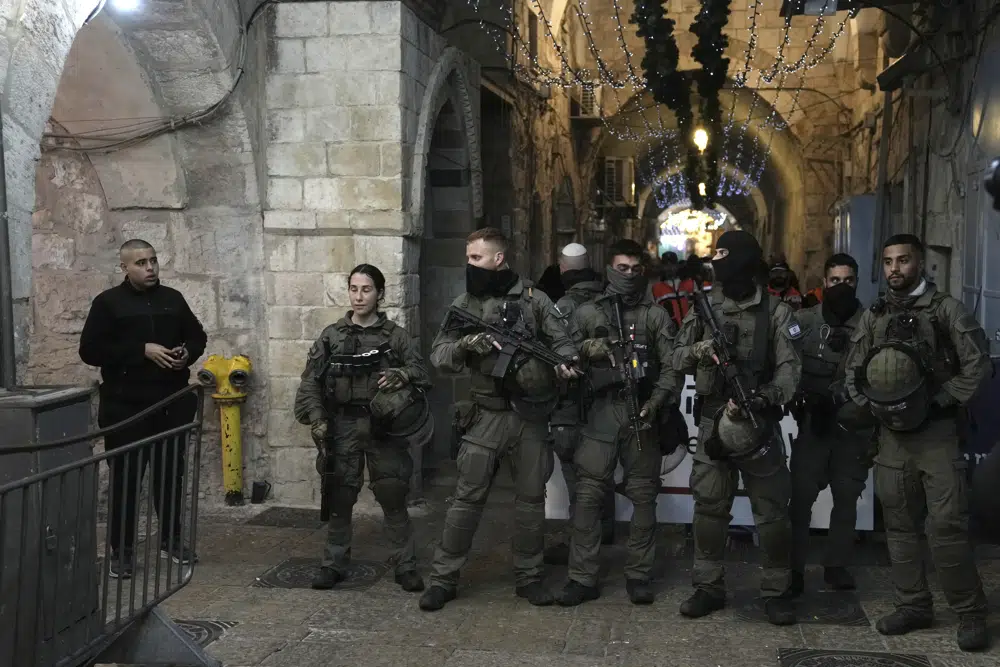 Israeli police deploy in the Old City of Jerusalem, hours after police raided the Al-Aqsa Mosque compound, Wednesday, April 5, 2023. (AP Photo/Mahmoud Illean)