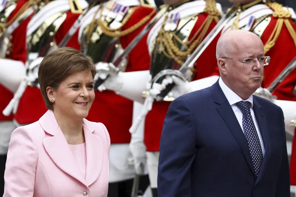 FILE - Scotland's First Minister Nicola Sturgeon and her husband and current chief executive officer of the Scottish National Party Peter Murrel arrive for a service of thanksgiving for the reign of Queen Elizabeth II at St Paul's Cathedral in London on June 3, 2022. British media are reporting that the husband of former Scottish National Party leader Nicola Sturgeon has been arrested in a party finance probe on Wednesday, April 5, 2023.