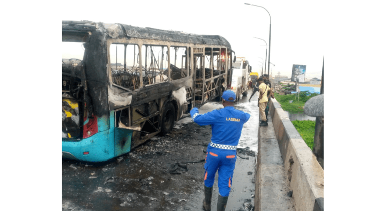 Mob set BRT bus ablaze over death of driver In Lagos