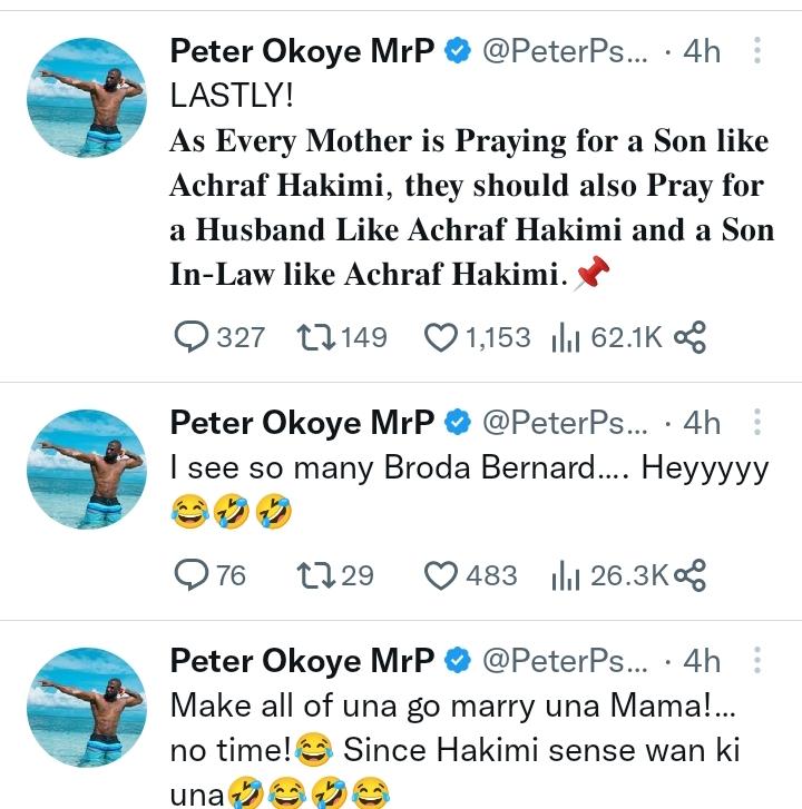 Marry your mother if you don't trust your wife' - Peter Okoye slams men supporting Hakimi Achraf 