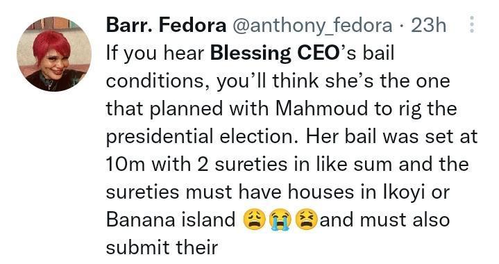 Netizens Mock Blessing CEO for inability to meet her ₦10M Bail condition