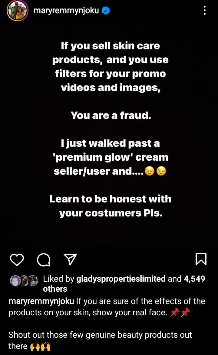 Actress, Mary Njoku tackles Skin care vendors that use filter on their videos and photos