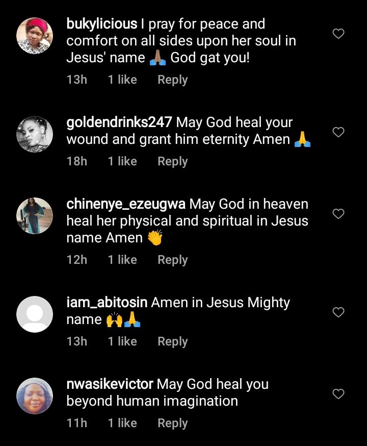 Victoria Inyama prays for May Edochie as she prepares to lay her son to rest