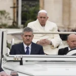 Pope Francis arrives to celebrate the Palm Sunday's mass in St. Peter's Square at The Vatican Sunday, April 2, 2023 a day after being discharged from the Agostino Gemelli University Hospital in Rome, where he has been treated for bronchitis, The Vatican said.