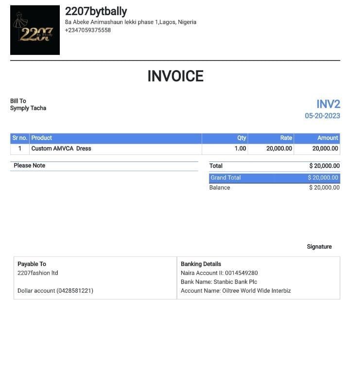 Tacha's outfit invoice 