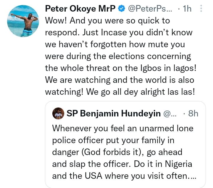 'You were too quick to reply me but kept silent when Igbos were threatened in Lagos' - Peter Okoye tells Police PRO