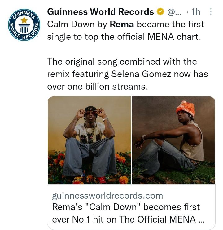 Rema's 'Calm Down' debuts No.1 on The Official MENA Chart