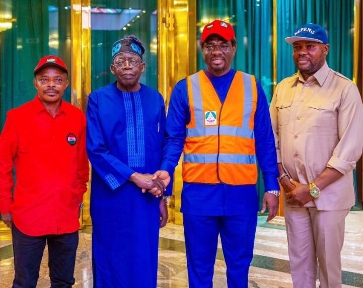 President Tinubu with some labour leaders after a meeting at Aso Villa on Wednesday, August 2.